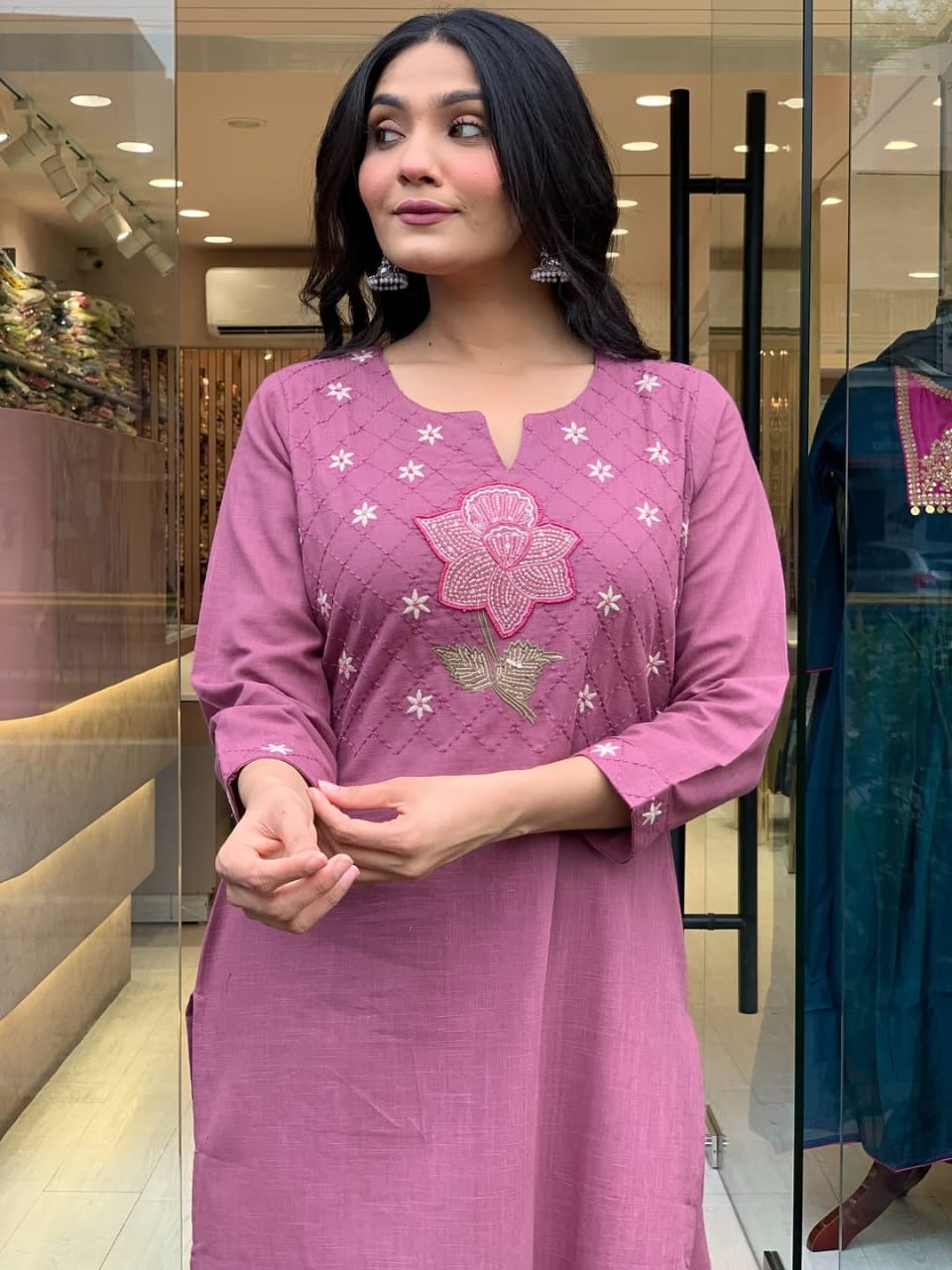 Rose Pink Embroidered Cotton Kurti Set with Dupatta