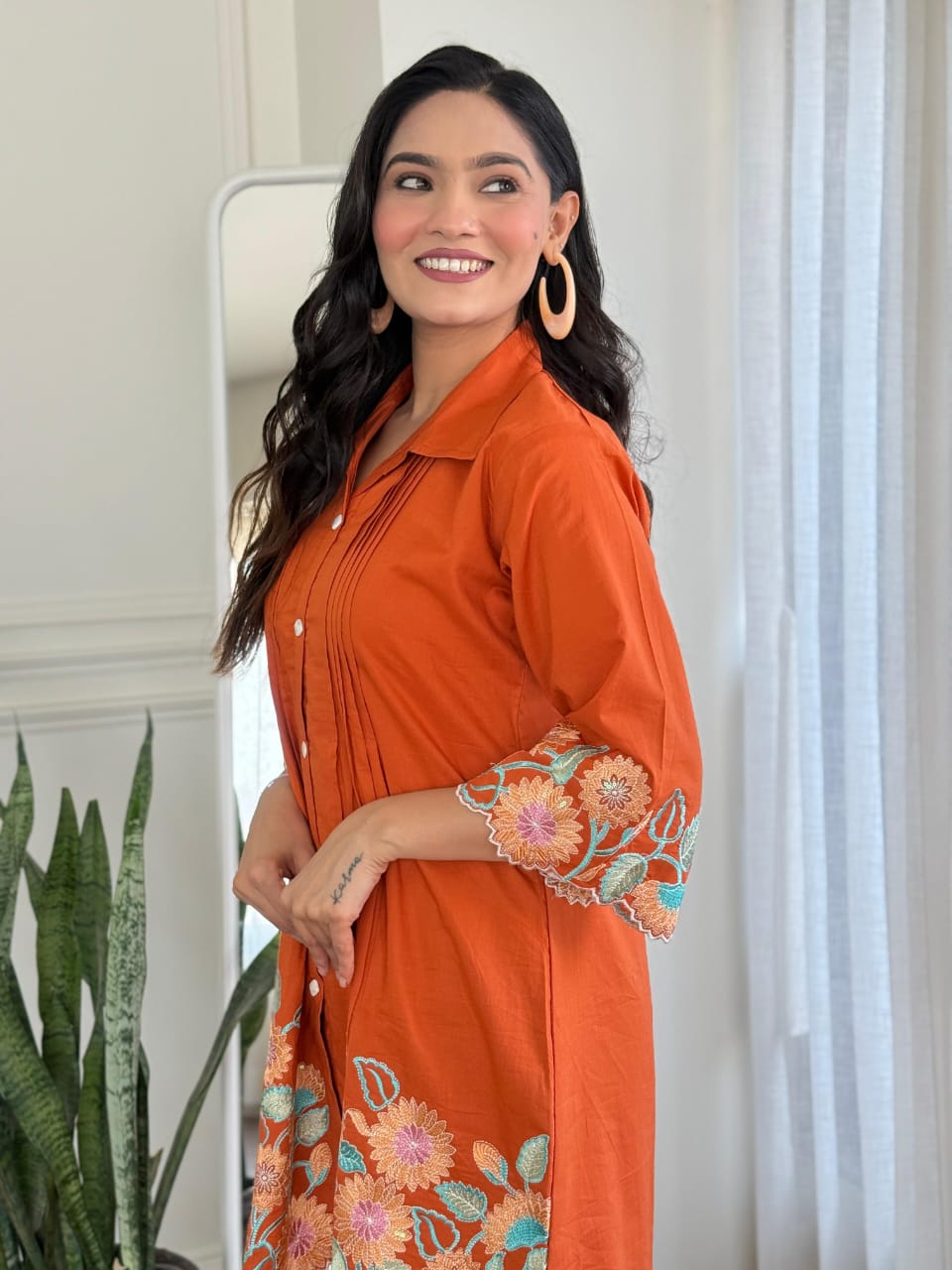 Rust Orange Pure Cotton Embroidered Kurti & Pant Co-ord Set – Elegant Everyday Comfort Wear for Women