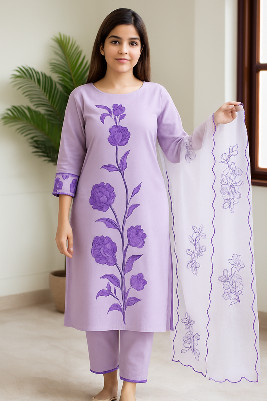 Pure Cotton Co-Ord Set – Lavender Embroidery