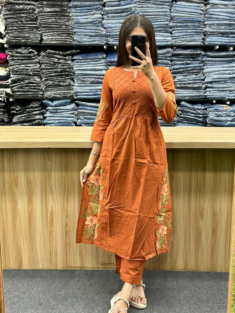 Embroidered A-Line Cotton Suit Set with Dupatta | Elegant Festive Wear for Women