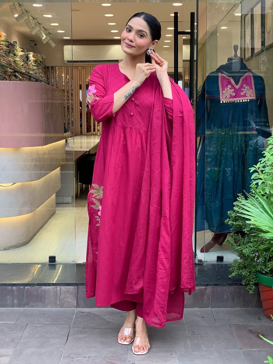 Embroidered A-Line Cotton Suit Set with Dupatta | Elegant Festive Wear for Women