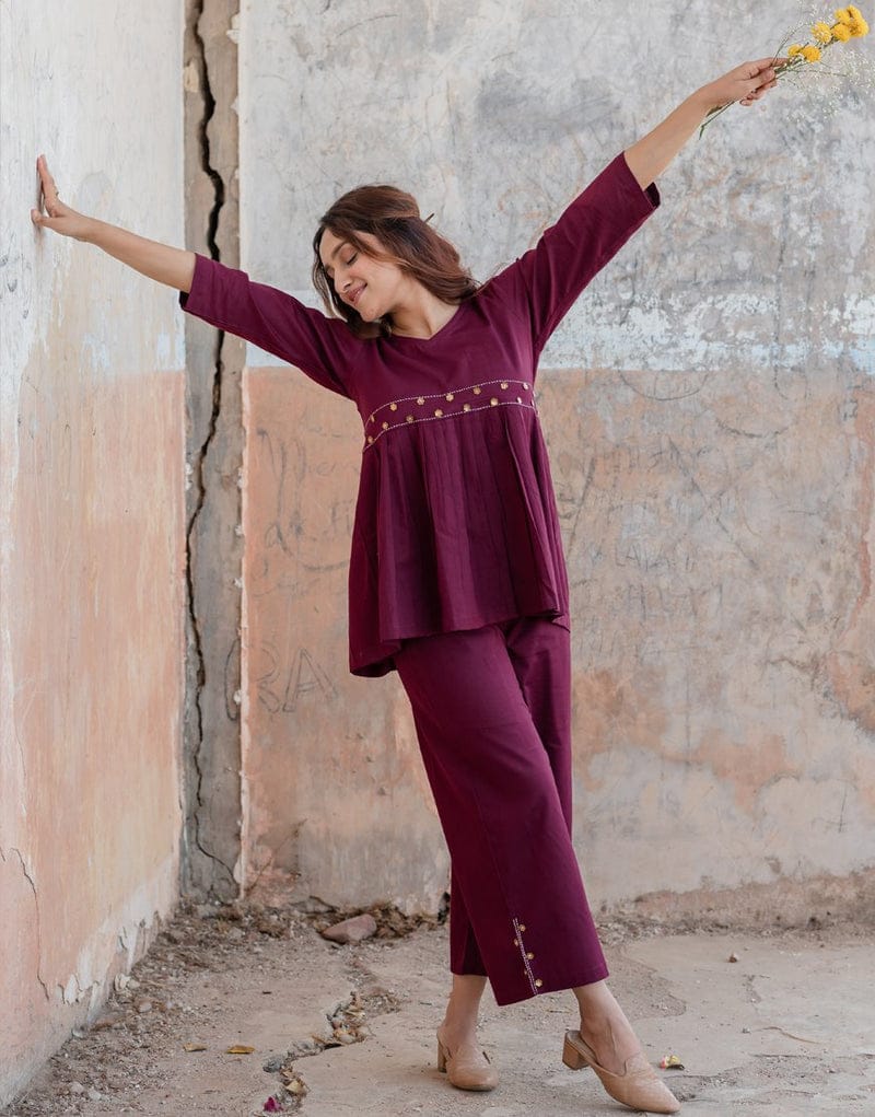 Festive Cotton Co-ord Set – Maroon Embroidered
