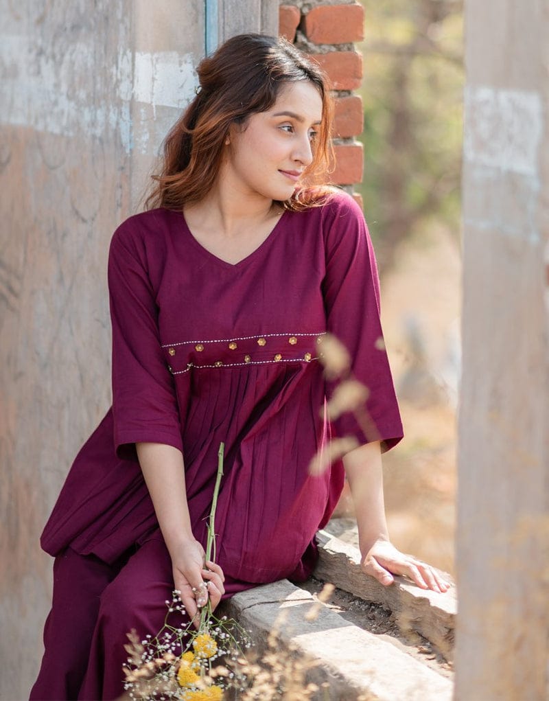 Festive Cotton Co-ord Set – Maroon Embroidered