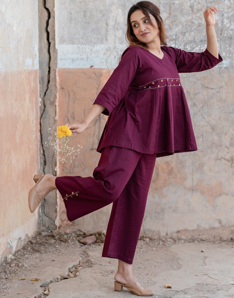 Festive Cotton Co-ord Set – Maroon Embroidered