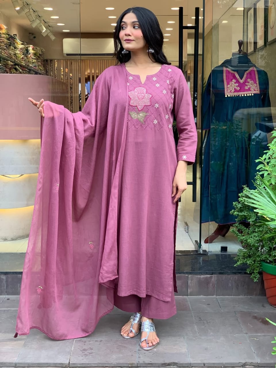 Rose Pink Embroidered Cotton Kurti Set with Dupatta