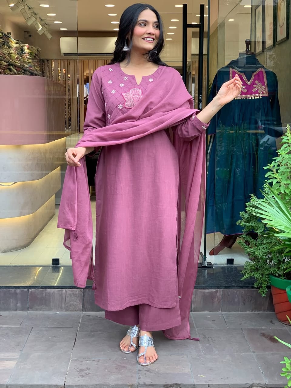 Rose Pink Embroidered Cotton Kurti Set with Dupatta