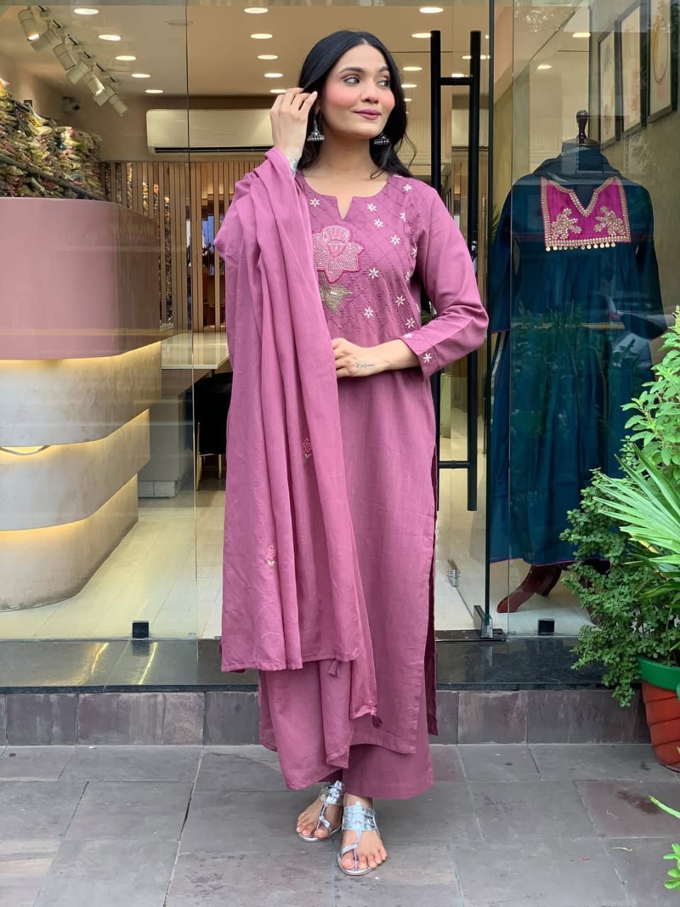 Rose Pink Embroidered Cotton Kurti Set with Dupatta