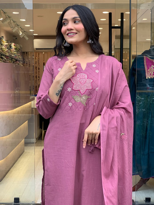 Rose Pink Embroidered Cotton Kurti Set with Dupatta