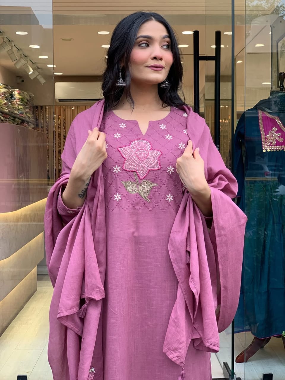 Rose Pink Embroidered Cotton Kurti Set with Dupatta