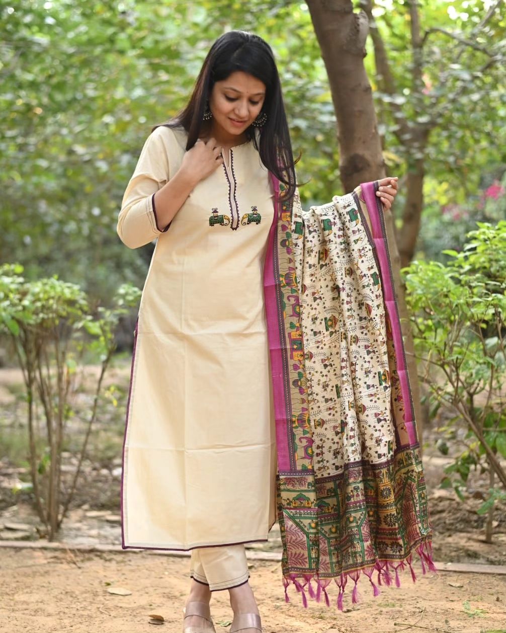 Elegant Cream Cotton Kurta Set with Chanderi Dupatta 🌸