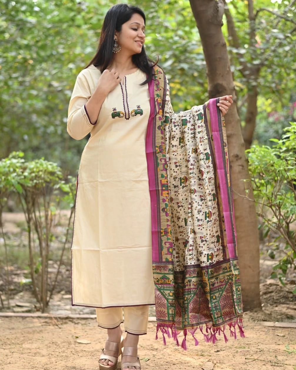 Elegant Cream Cotton Kurta Set with Chanderi Dupatta 🌸