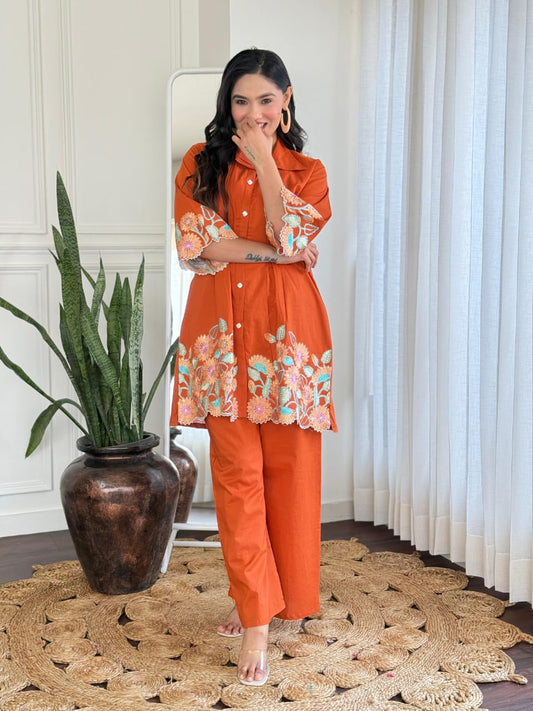 Rust Orange Pure Cotton Embroidered Kurti & Pant Co-ord Set – Elegant Everyday Comfort Wear for Women