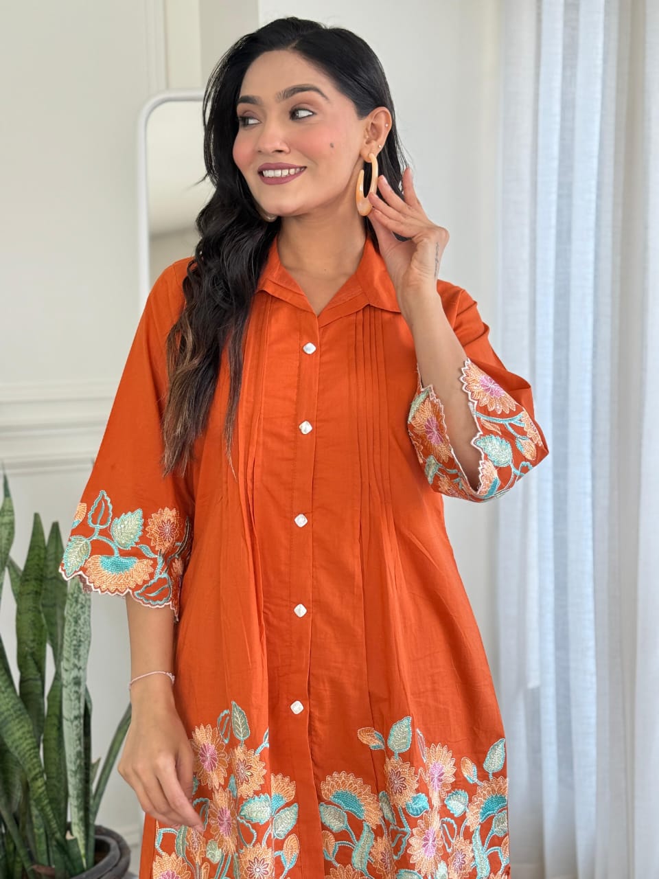 Rust Orange Pure Cotton Embroidered Kurti & Pant Co-ord Set – Elegant Everyday Comfort Wear for Women