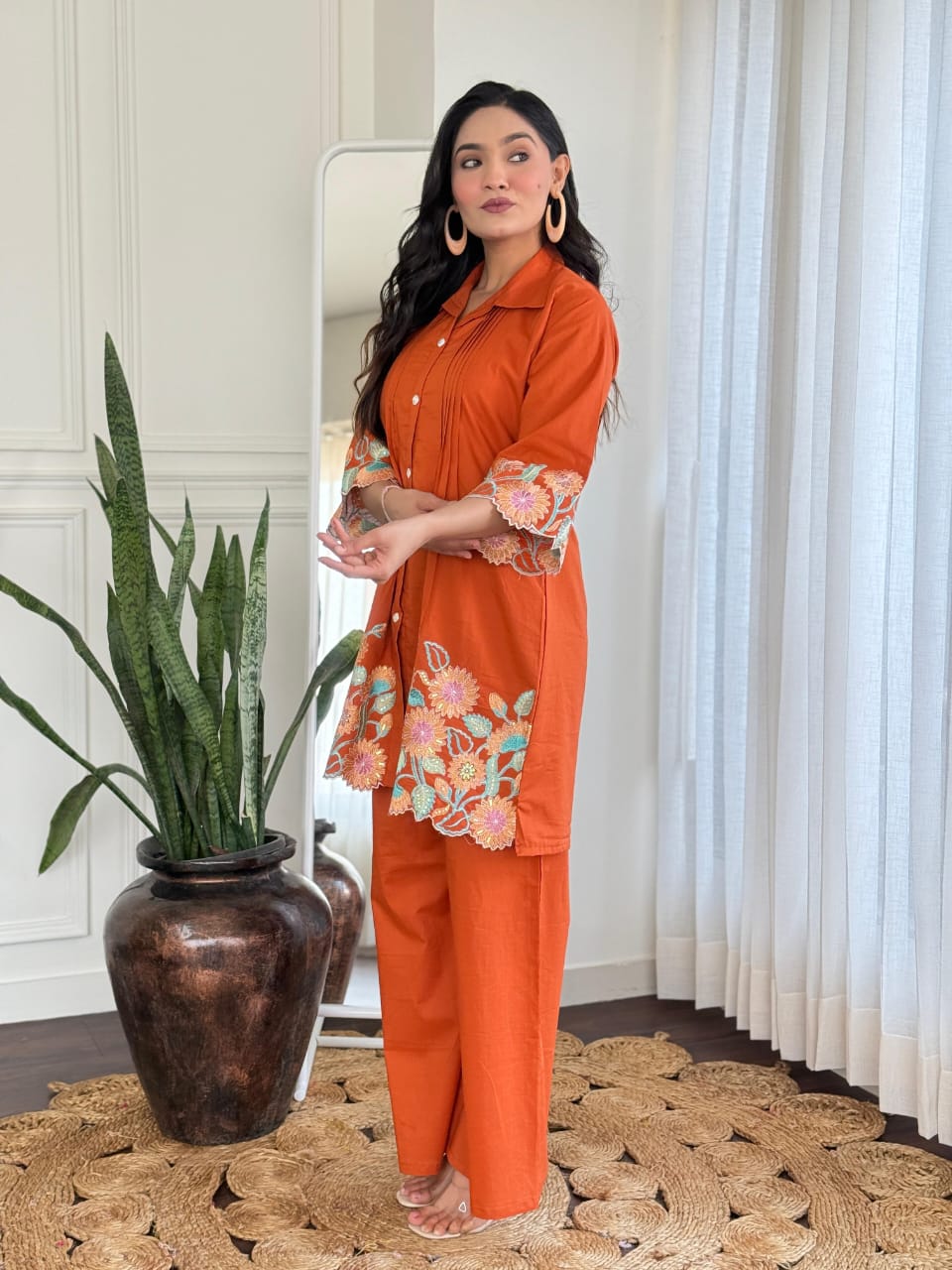 Rust Orange Pure Cotton Embroidered Kurti & Pant Co-ord Set – Elegant Everyday Comfort Wear for Women
