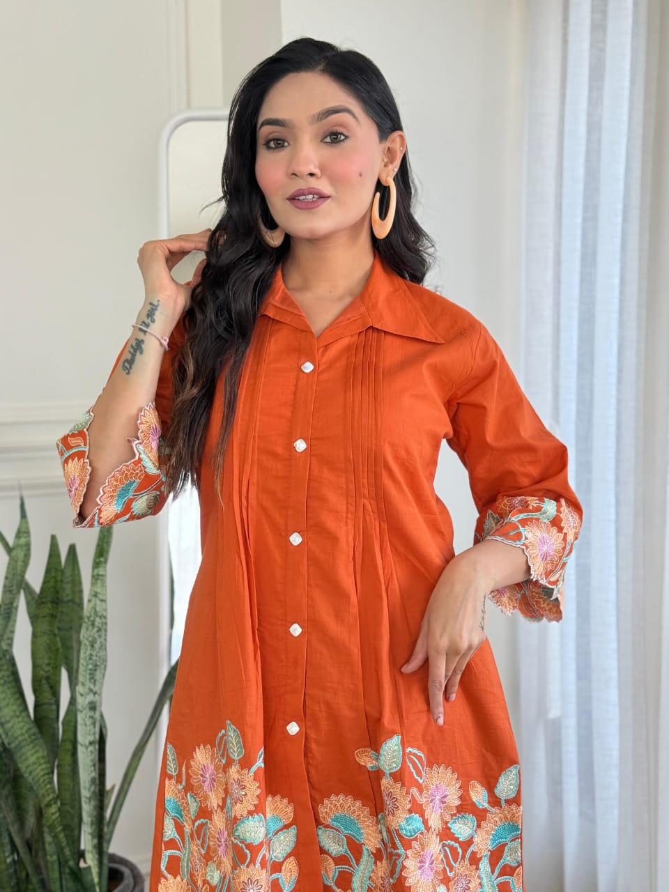 Rust Orange Pure Cotton Embroidered Kurti & Pant Co-ord Set – Elegant Everyday Comfort Wear for Women