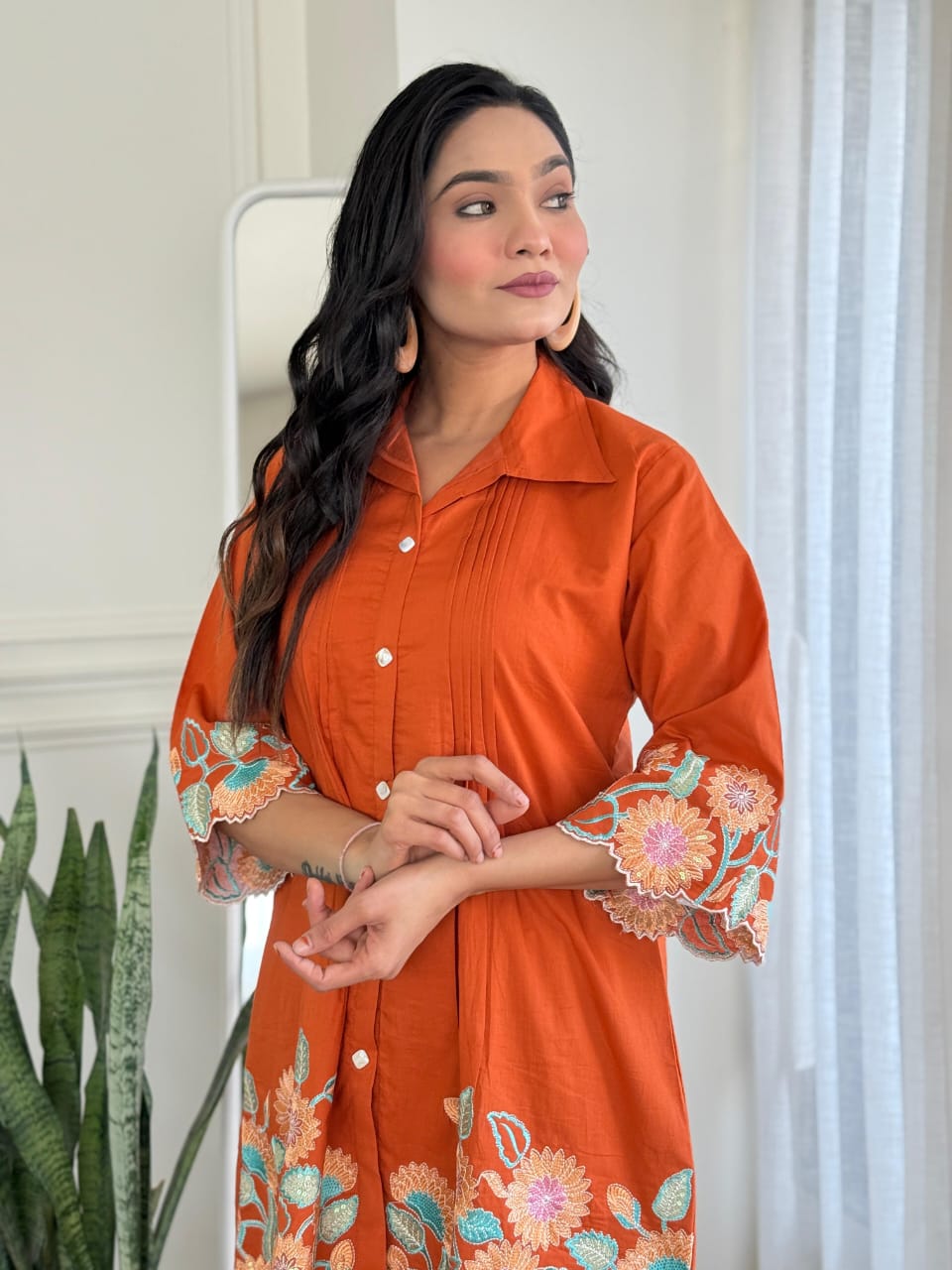 Rust Orange Pure Cotton Embroidered Kurti & Pant Co-ord Set – Elegant Everyday Comfort Wear for Women