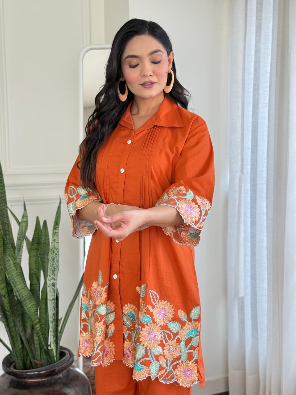 Rust Orange Pure Cotton Embroidered Kurti & Pant Co-ord Set – Elegant Everyday Comfort Wear for Women