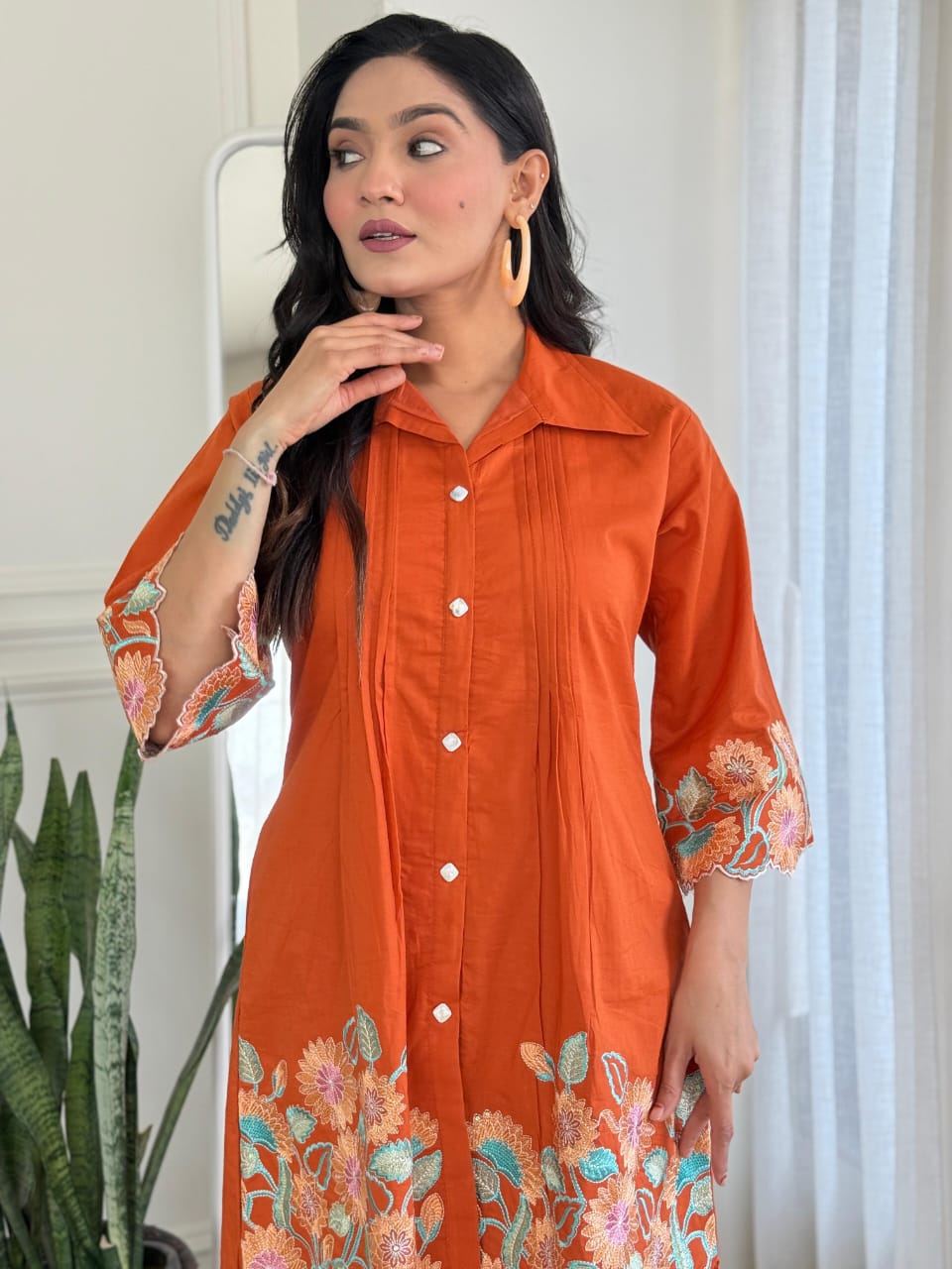Rust Orange Pure Cotton Embroidered Kurti & Pant Co-ord Set – Elegant Everyday Comfort Wear for Women