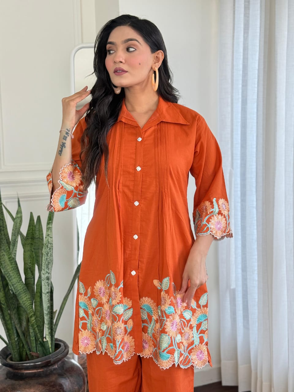 Rust Orange Pure Cotton Embroidered Kurti & Pant Co-ord Set – Elegant Everyday Comfort Wear for Women