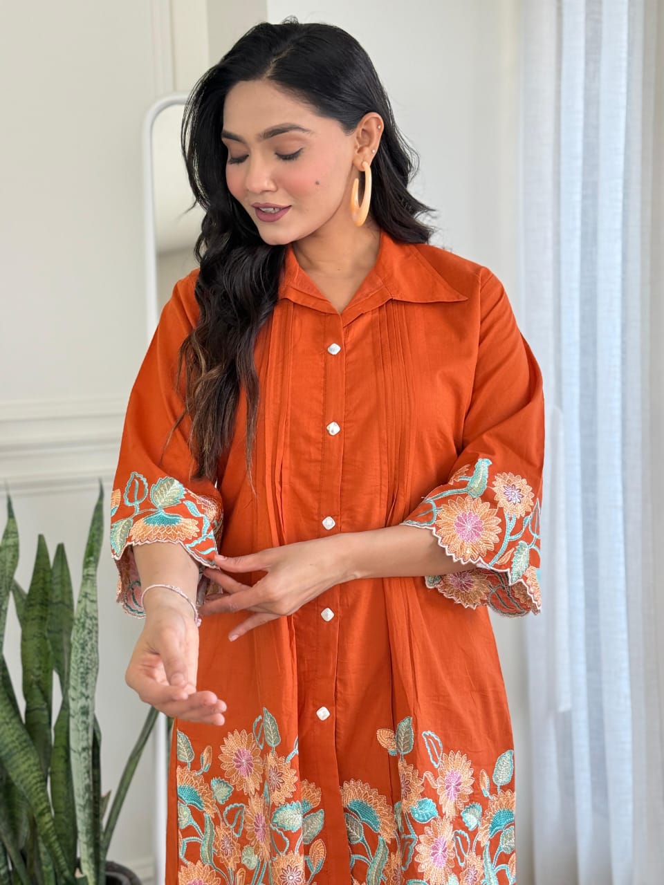 Rust Orange Pure Cotton Embroidered Kurti & Pant Co-ord Set – Elegant Everyday Comfort Wear for Women
